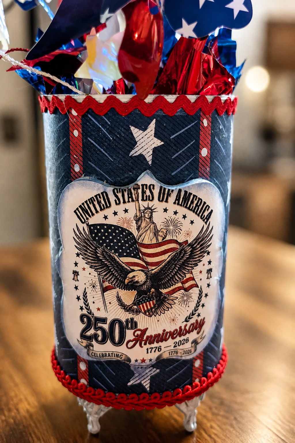 Patriotic Centerpiece Decor | Handmade Upcycled Tin Can | America 250th Anniversary