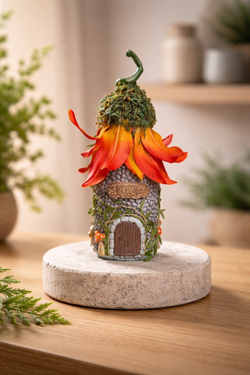 Fairy House - Orange Flower and Mushrooms - Upcycled Jar