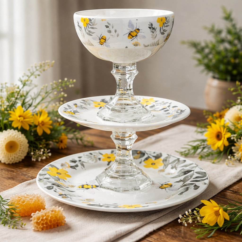 Handmade Bee-Themed 3-Tier Serving Tray - Glass & Ceramic Display Stand