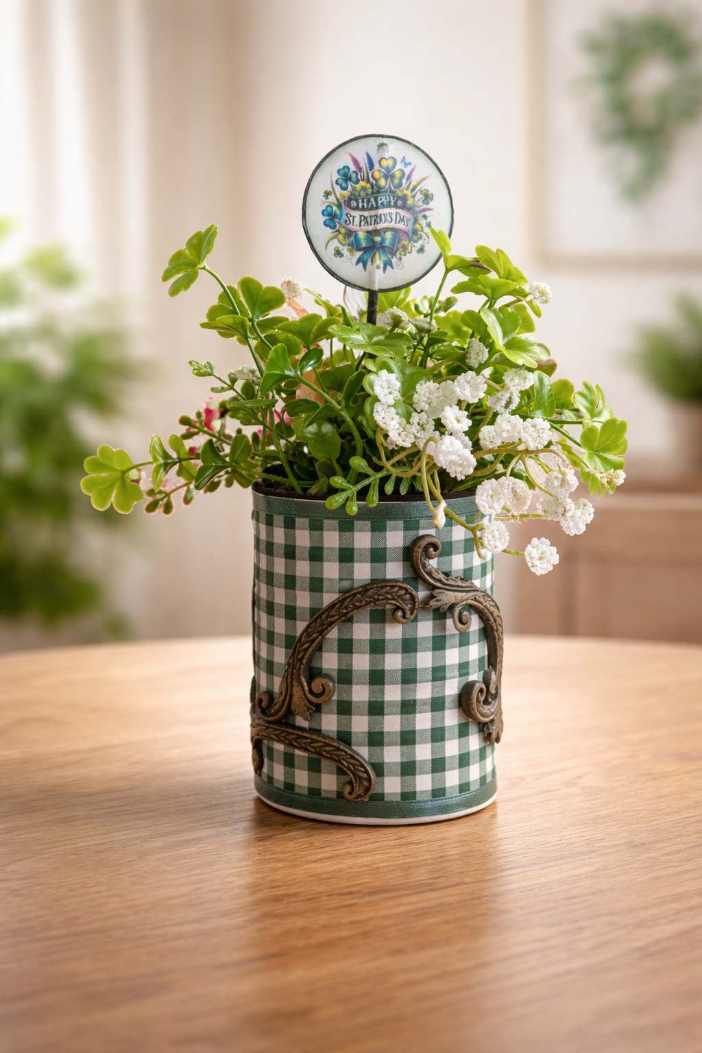 St. Patrick's Day Decor - Upcycled Tin Can with Shamrocks & Greenery