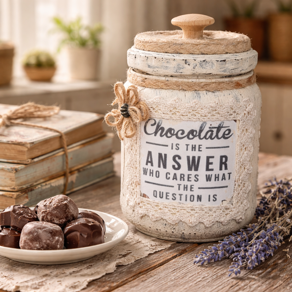 Handmade Chocolate-Themed Upcycled Jar with Lid - Farmhouse Storage