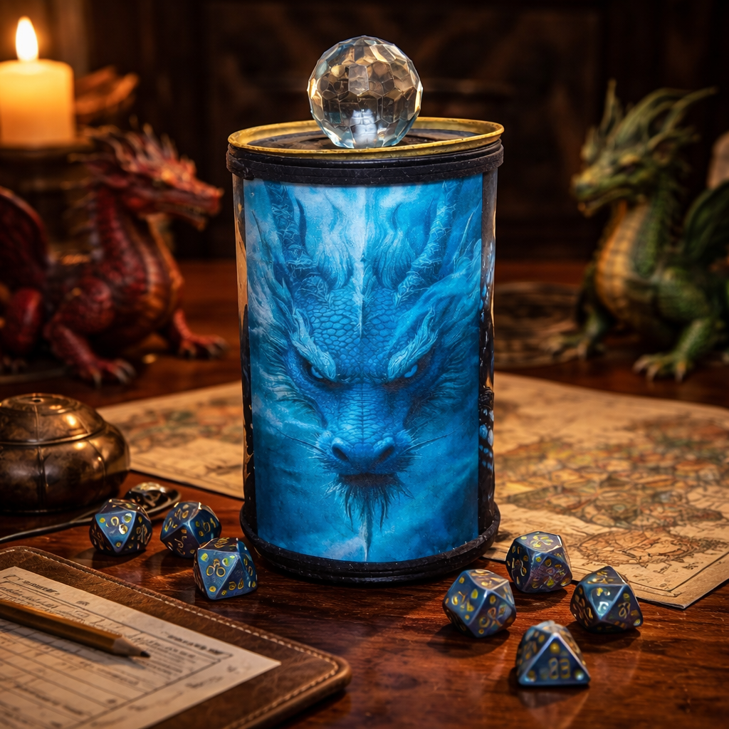 Gold & Blue Dragon Gaming Dice Holder - Handmade Felt-Lined Tin Container