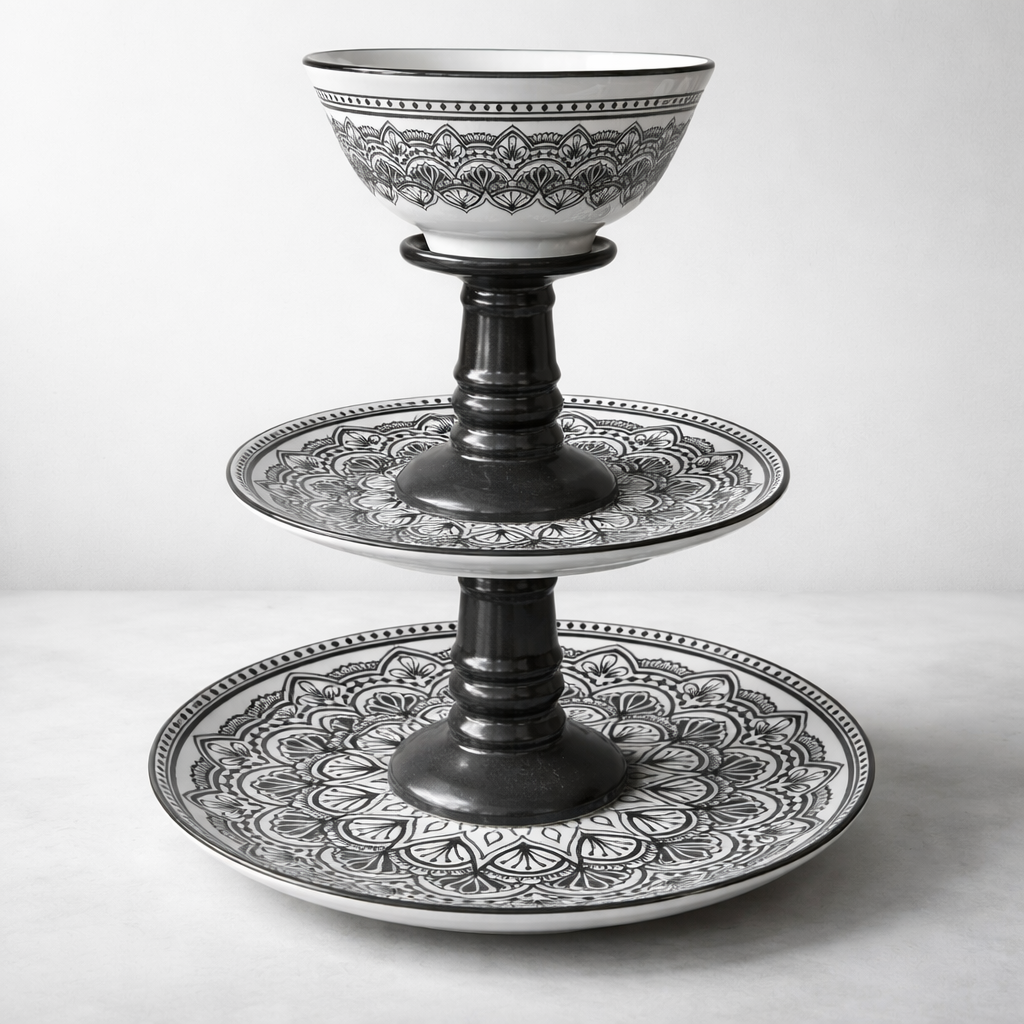 Handmade Black & White 3-Tier Serving Tray - Glass & Ceramic Display Stand