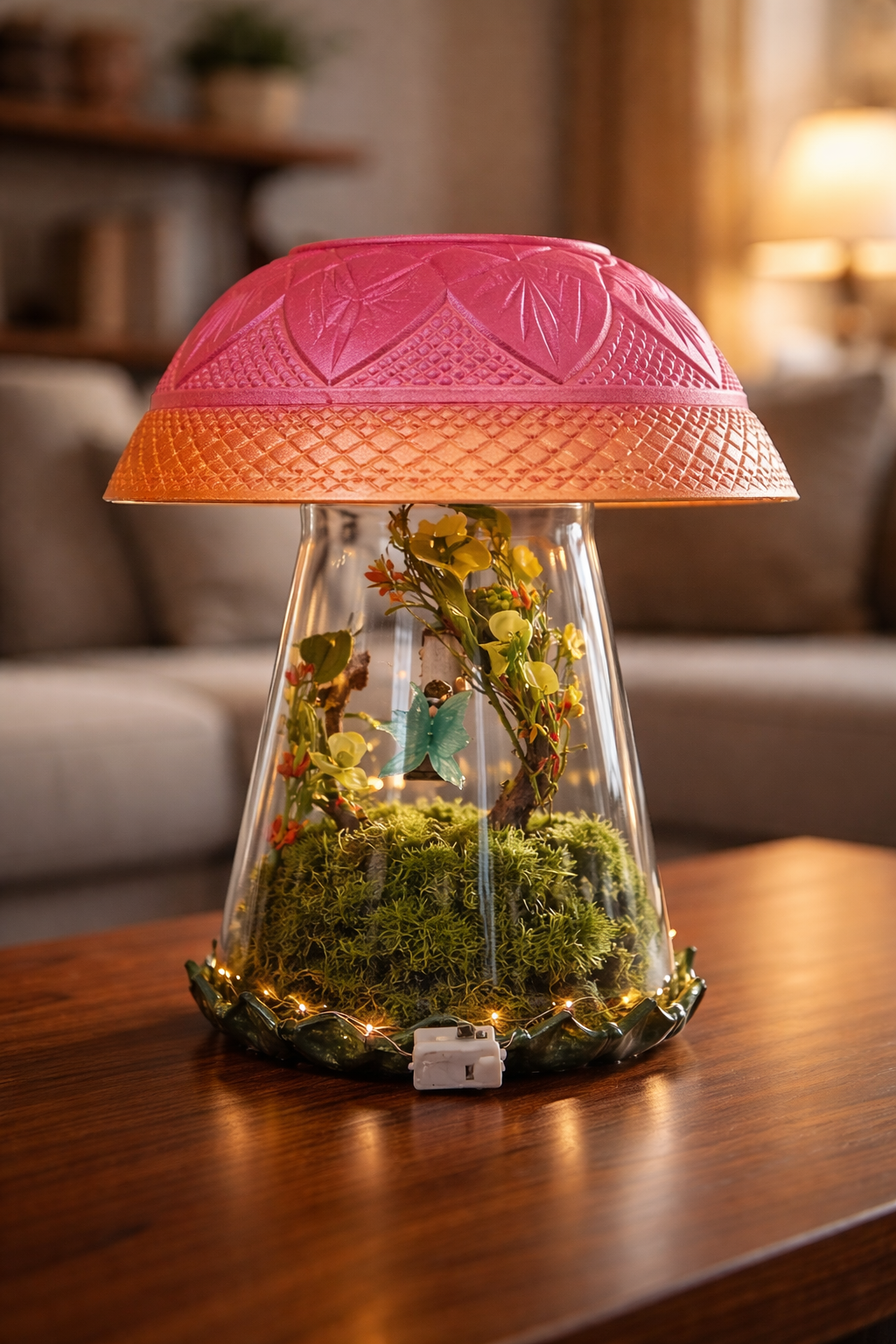Mushroom Fairy Cloche with Lights - Enchanted Glass Dome Decor
