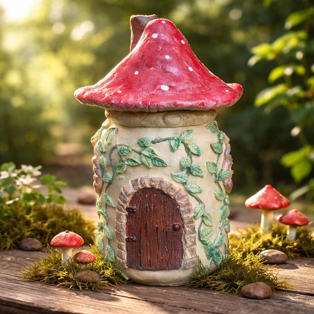 Handmade Fairy House Jar Night Light - Upcycled Glass with LED Lights