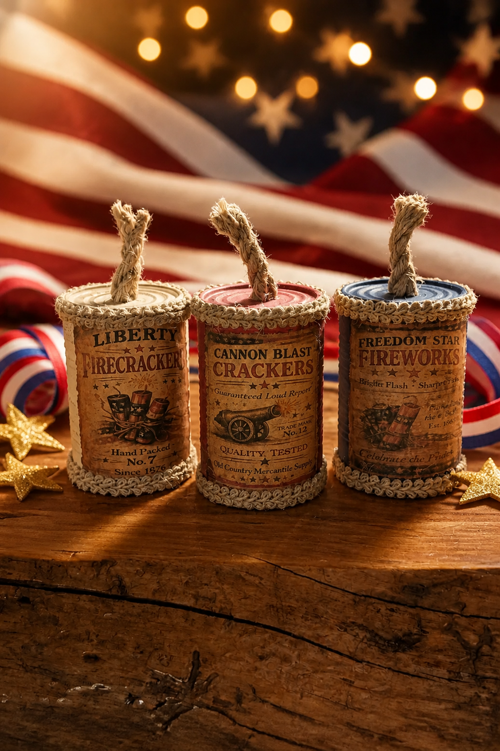 Set of 3 Upcycled Tin Can Faux Fireworks – Americana 4th of July Decor