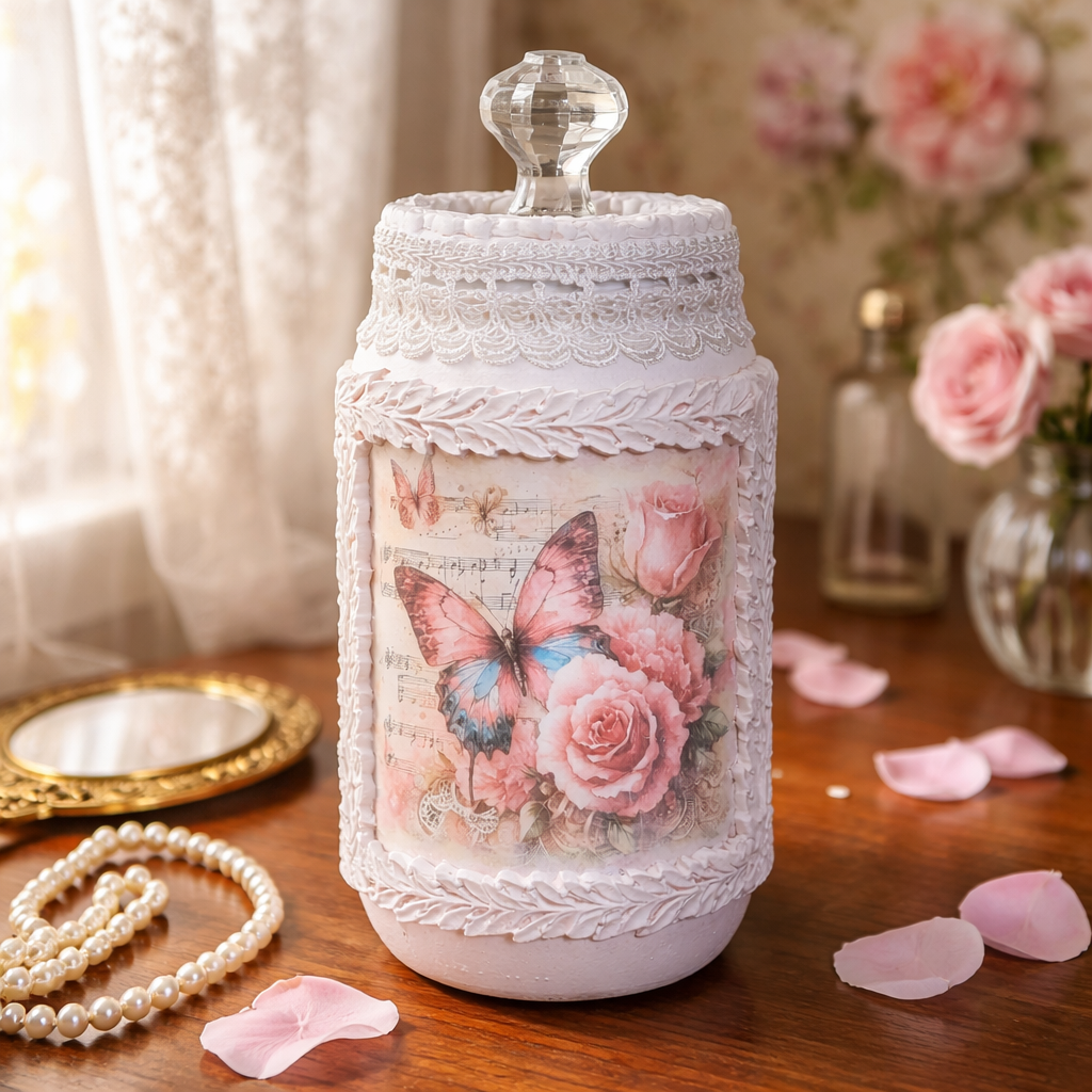 Handmade Butterfly & Roses Upcycled Jar - Shabby Chic Storage Decor