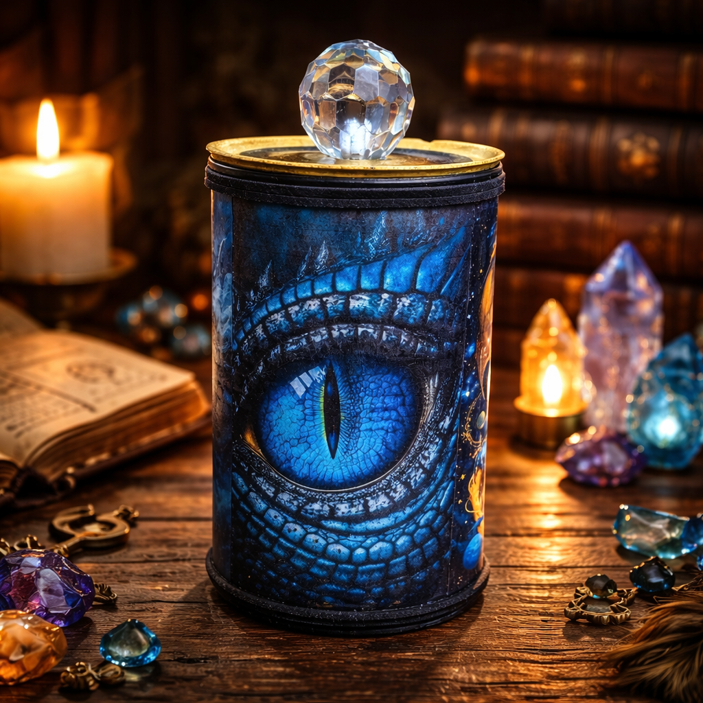 Gold & Blue Dragon Gaming Dice Holder - Handmade Felt-Lined Tin Container