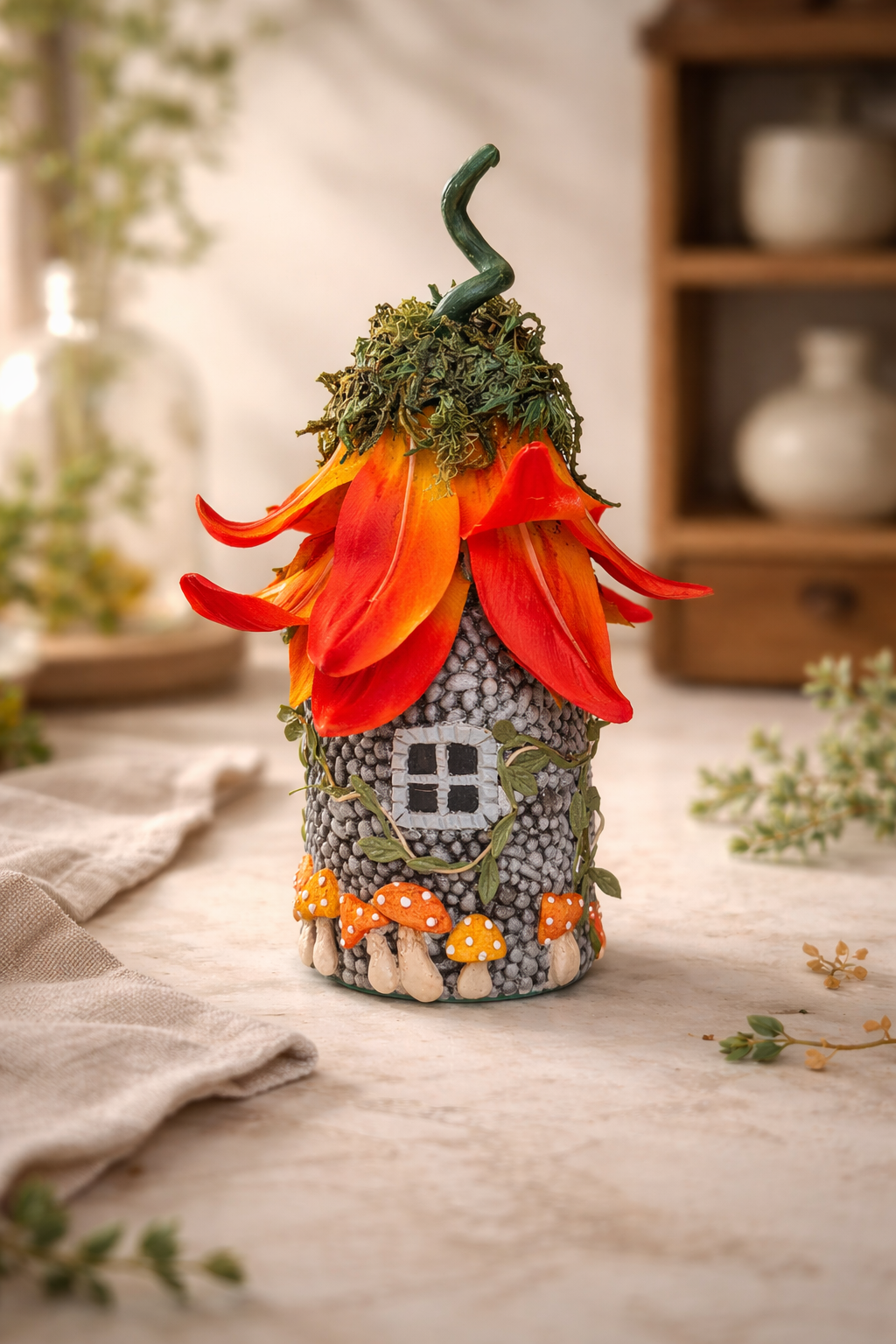 Fairy House - Orange Flower and Mushrooms - Upcycled Jar