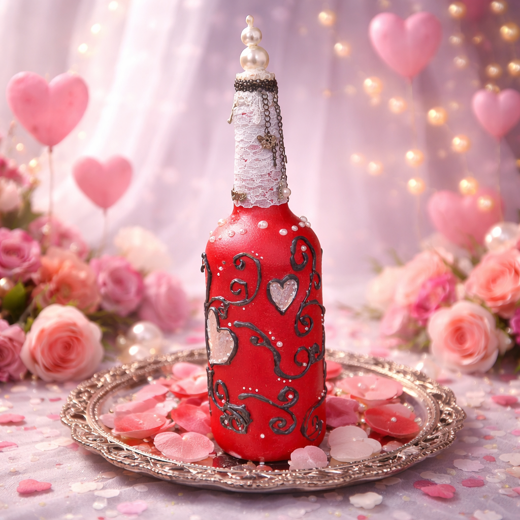 Handmade Valentine Upcycled Bottle - Red Black White Decor