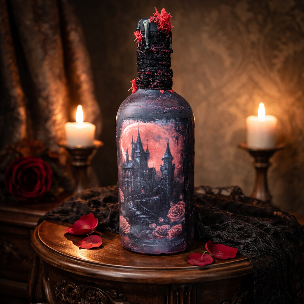Gothic Red & Black Castle Bottle - Handmade Upcycled Glass Décor
