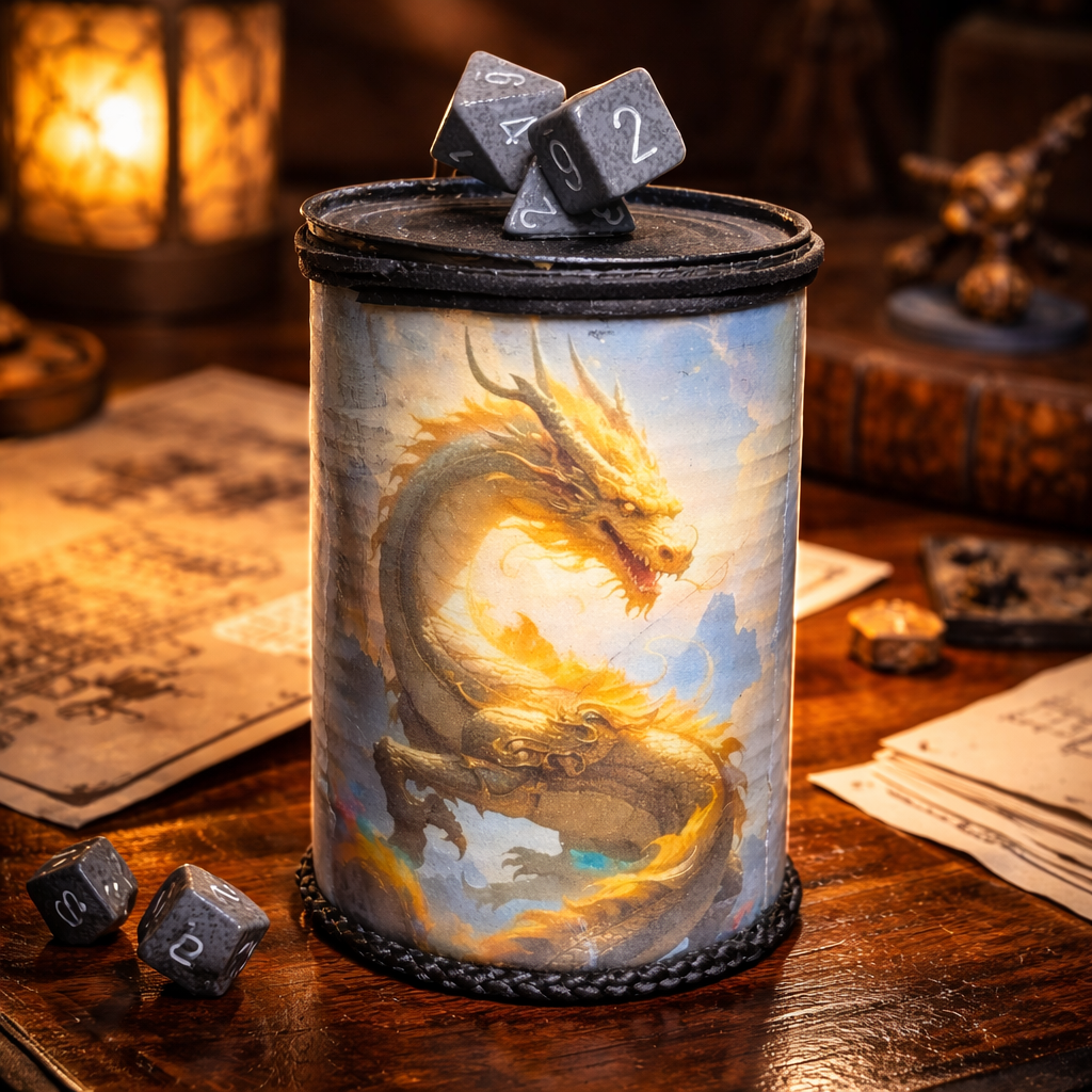 Handmade Gaming Dice Holder - Upcycled Felt-Lined Tin Container  yellow dragon / teller of tales