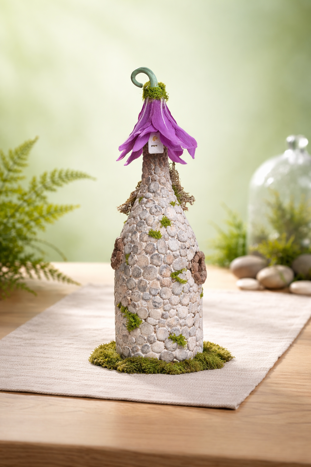 Fairy Bottle with Purple Flower Top - Upcycled Whimsical Decor