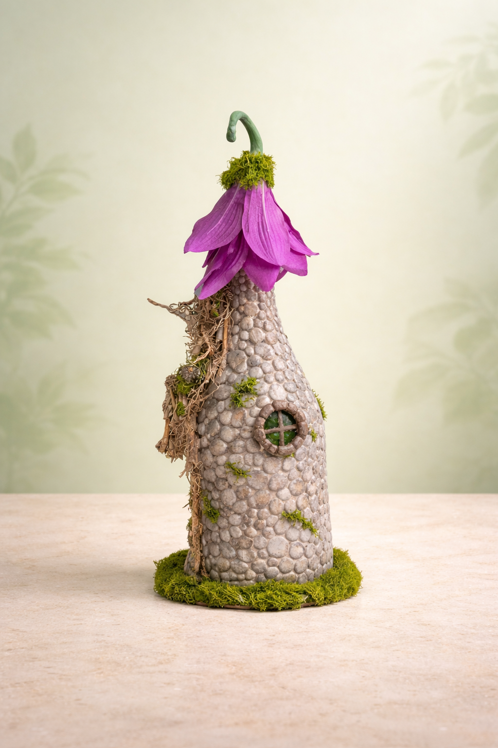 Fairy Bottle with Purple Flower Top - Upcycled Whimsical Decor