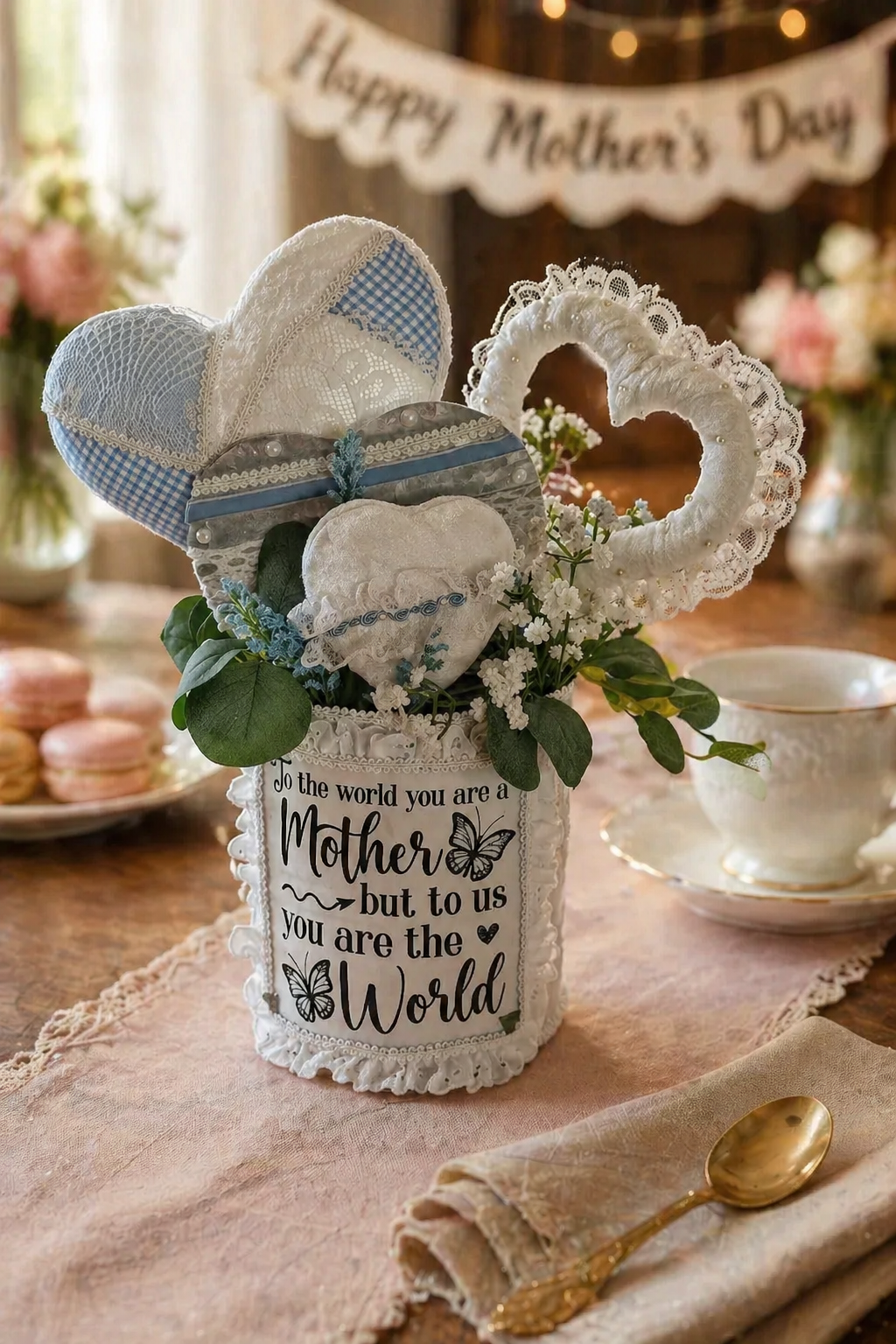 Handmade Heart Arrangement in Upcycled Tin — Rustic Cottagecore Mother’s Day Gift