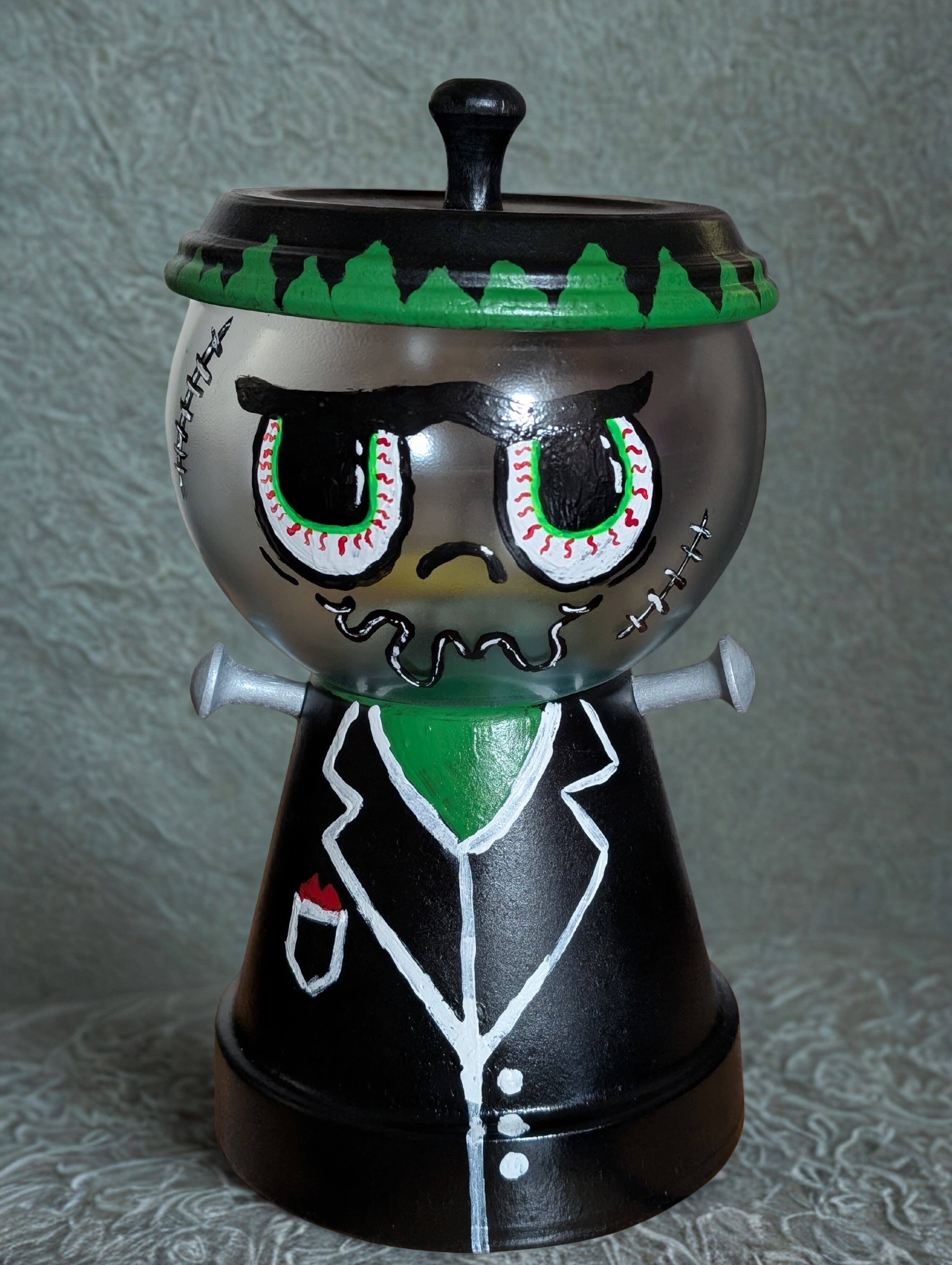 Handmade Frankenstein Candy Jar - Glass & Clay Halloween Decoration