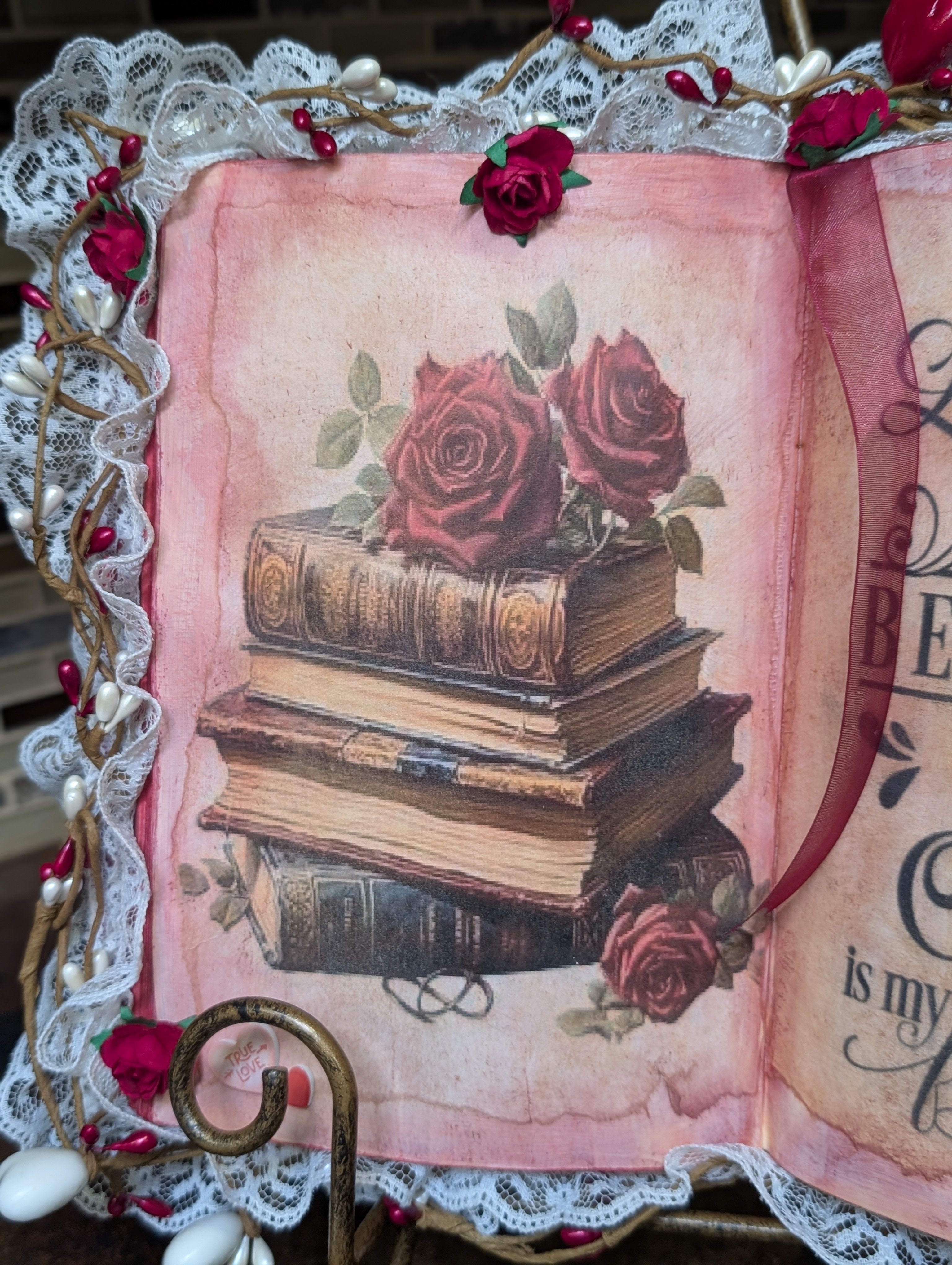Handmade Valentine Altered Book - Romantic Shabby Chic Decor red