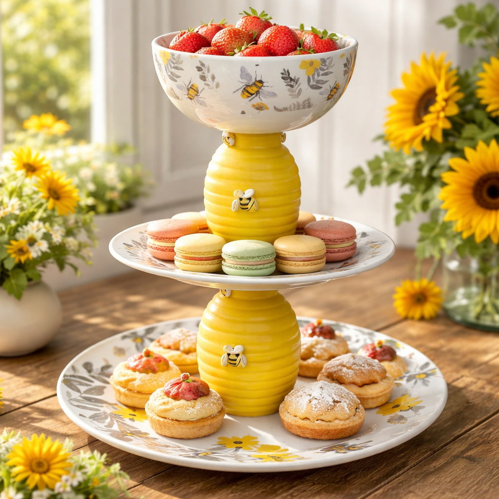 Handmade Bee-Themed 3-Tier Serving Tray - Glass & Ceramic Display Stand