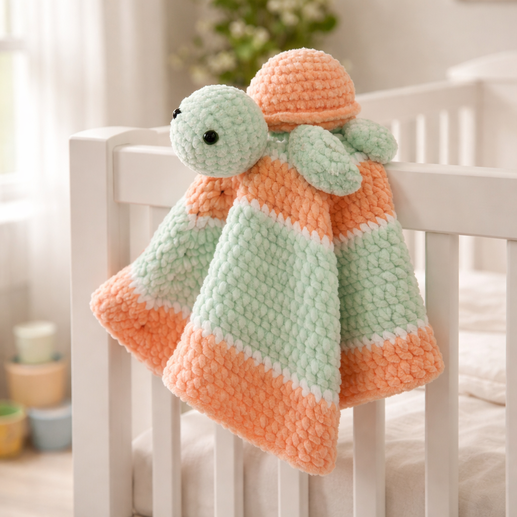 Handmade Crochet Baby Lovey Turtle - Soft Velvet Security Blanket