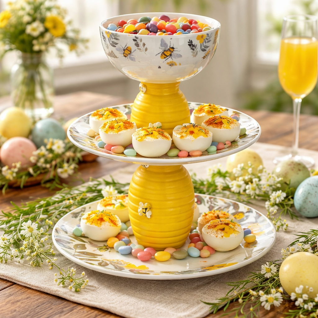 Handmade Bee-Themed 3-Tier Serving Tray - Glass & Ceramic Display Stand