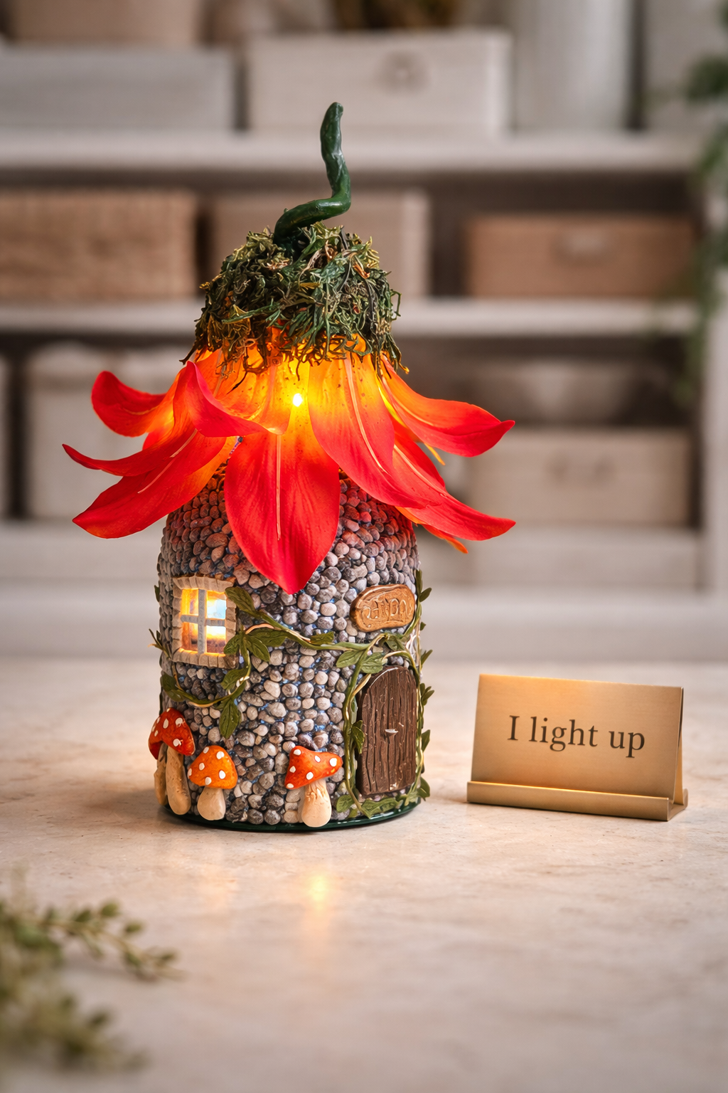 Fairy House - Orange Flower and Mushrooms - Upcycled Jar
