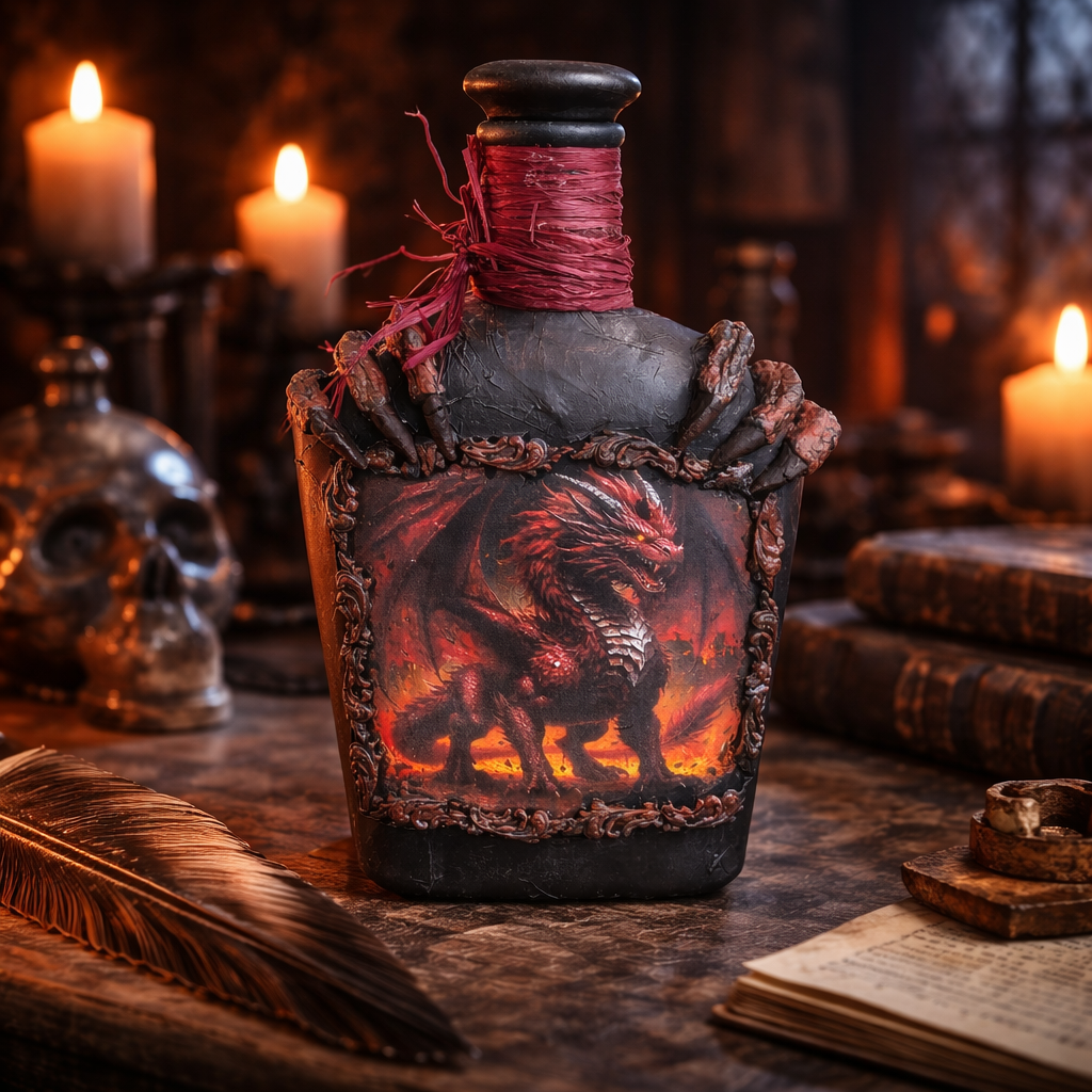Gothic Red Dragon Bottle - Handmade Upcycled Glass Décor