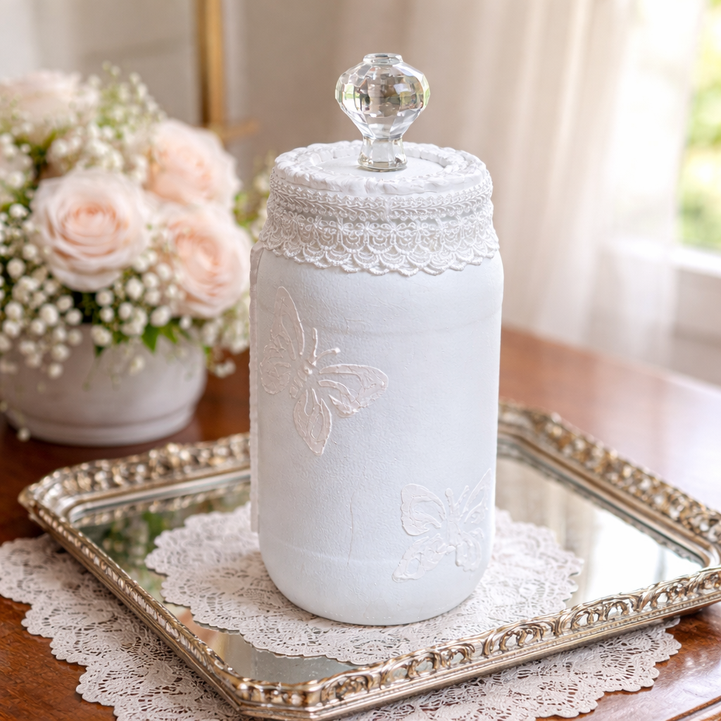 Handmade Butterfly & Roses Upcycled Jar - Shabby Chic Storage Decor