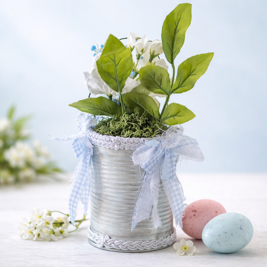 Shabby Chic Easter Bunny Tin Can - Upcycled with faux springtime flowers