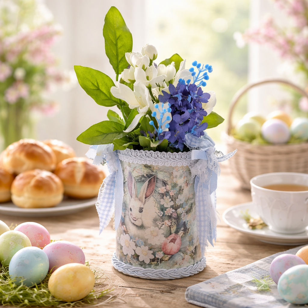 Shabby Chic Easter Bunny Tin Can - Upcycled with faux springtime flowers
