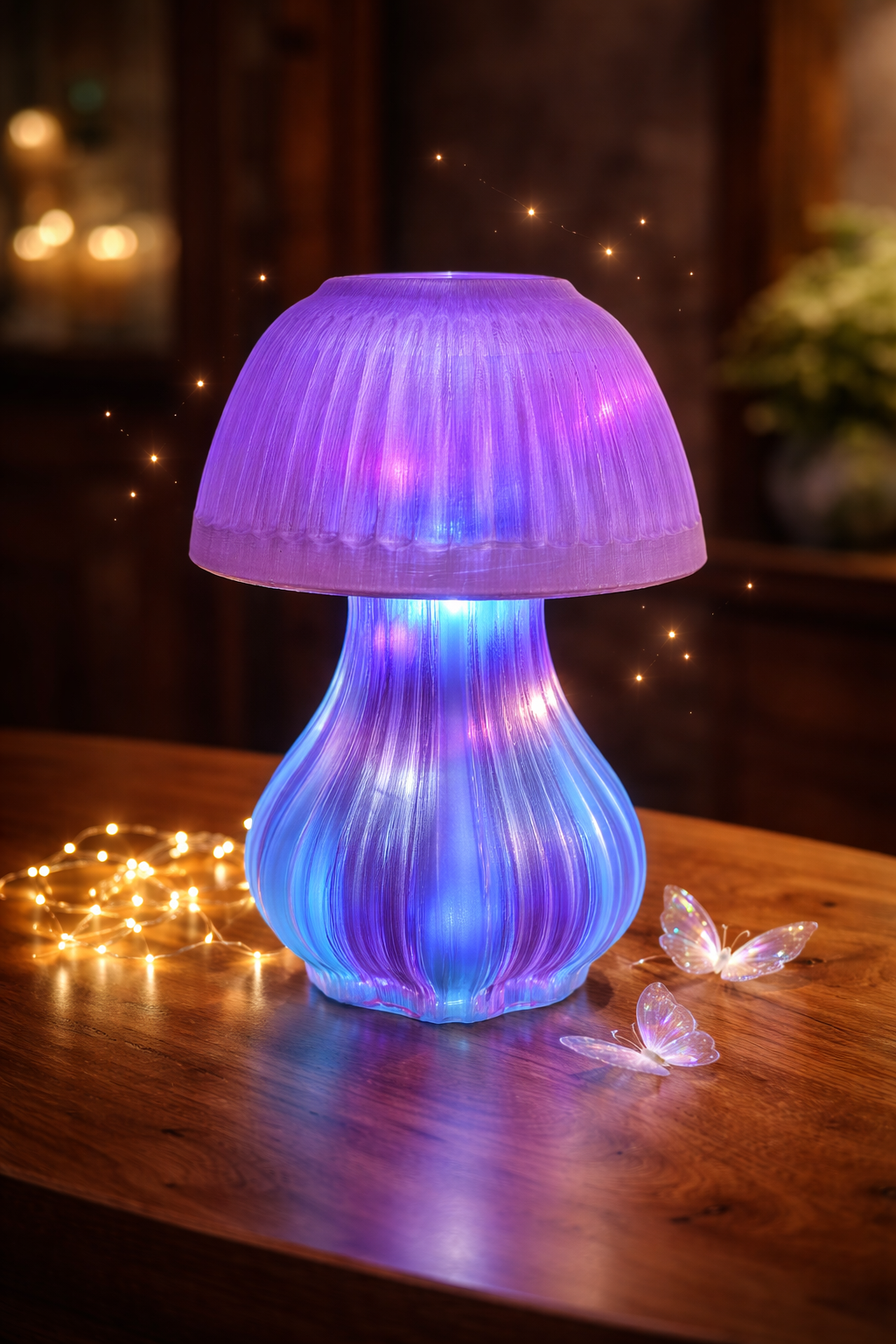 Upcycled Glass Mushroom Lamp with Fairy Lights - Purple Blue Twilight
