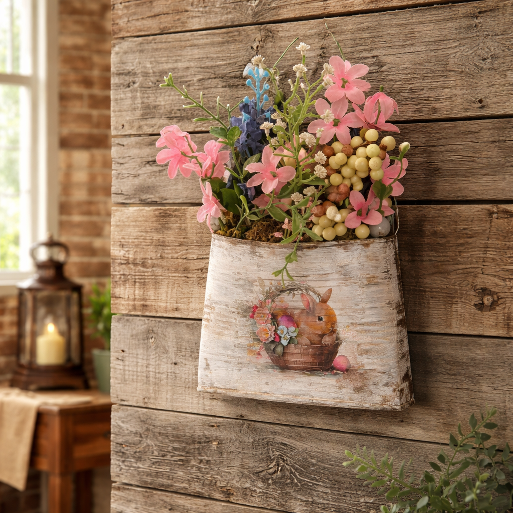 Easter Bunny Smashed Can Decor - Upcycled Spring Basket with Flowers
