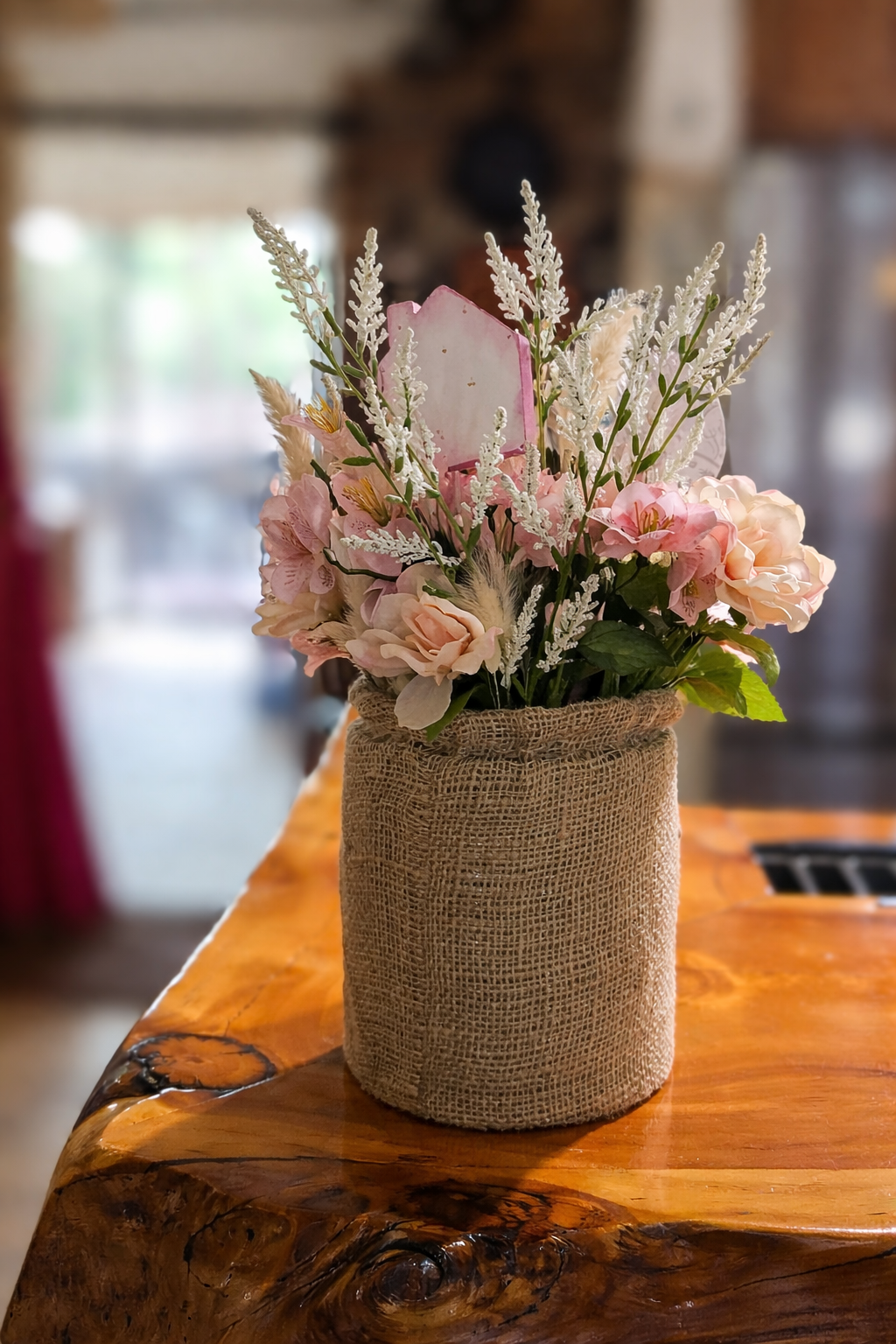 Burlap Upcycled Tin Can with Faux Flowers & Wood Picks - Mother's Day