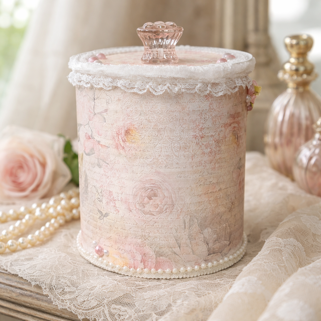 Handmade Shabby Chic Upcycled Tin Can - Pink Butterfly Storage