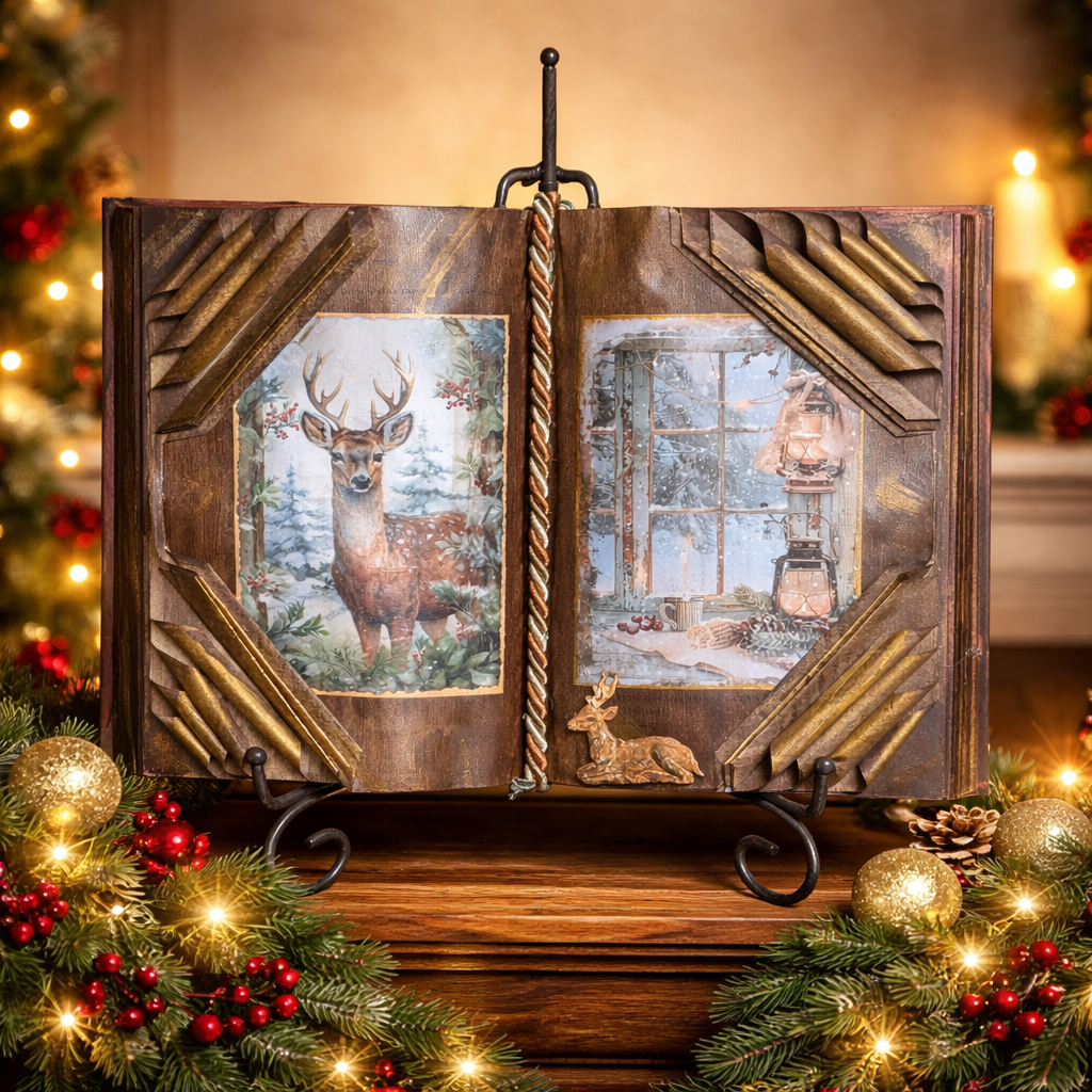 Handmade Christmas Altered Book - Brown & Gold Holiday Decor