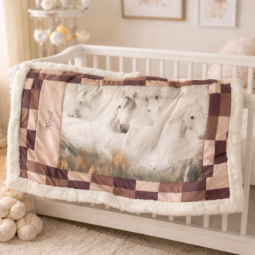 Handmade Baby Quilt - Custom Horse Crib Blanket - Soft Minky & Cotton Flannel