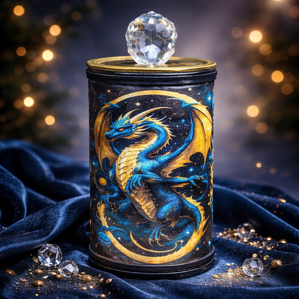 Gold & Blue Dragon Gaming Dice Holder - Handmade Felt-Lined Tin Container
