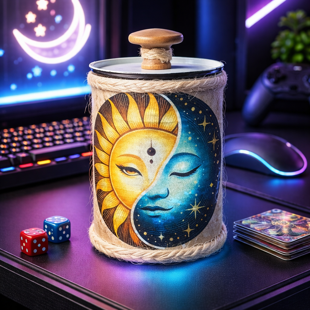 Handmade Gaming Dice Holder - Upcycled Felt-Lined Tin Container  Moon/Stars butterfly