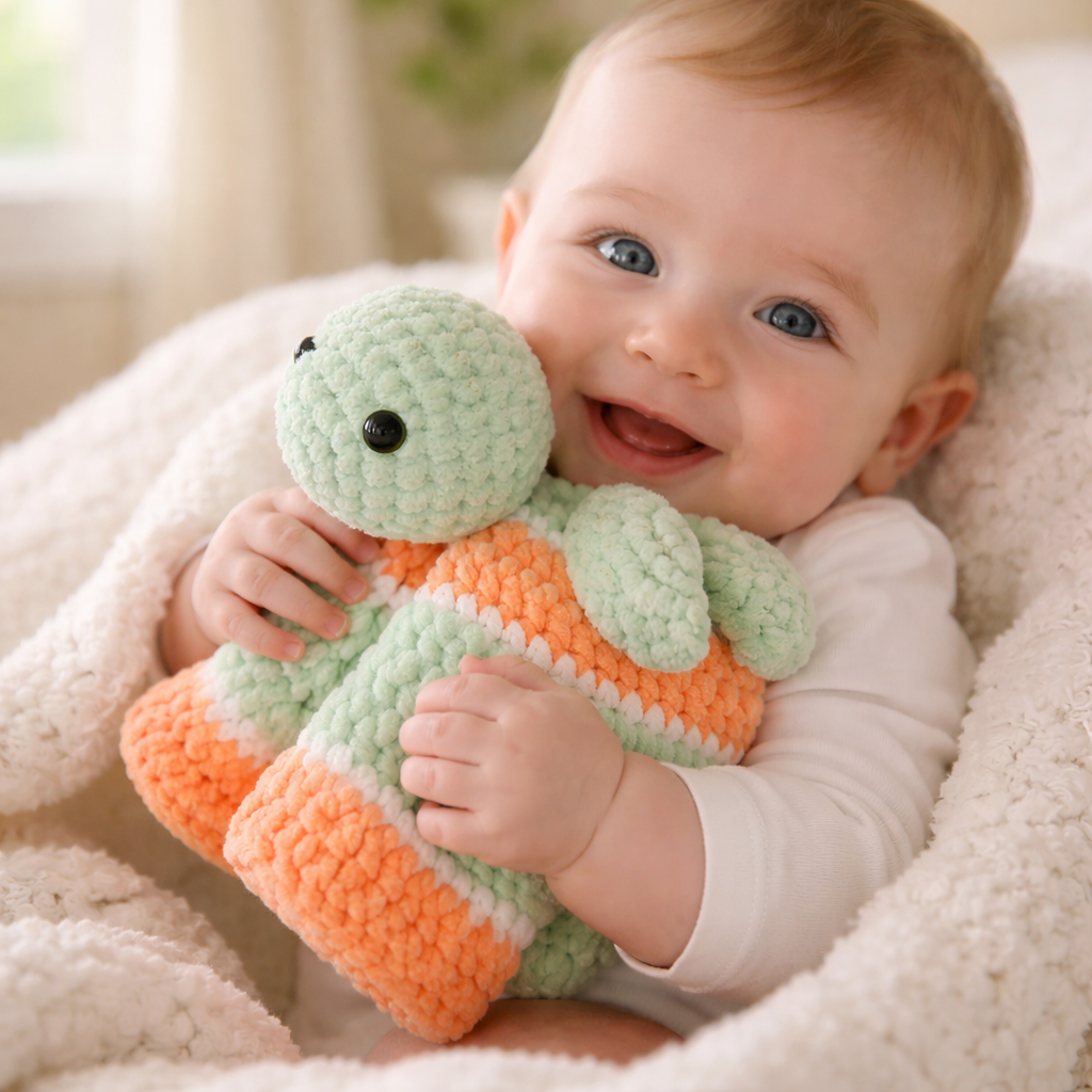 Handmade Crochet Baby Lovey Turtle - Soft Velvet Security Blanket