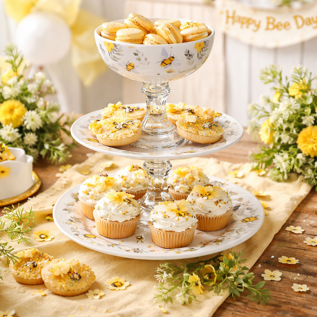 Handmade Bee-Themed 3-Tier Serving Tray - Glass & Ceramic Display Stand