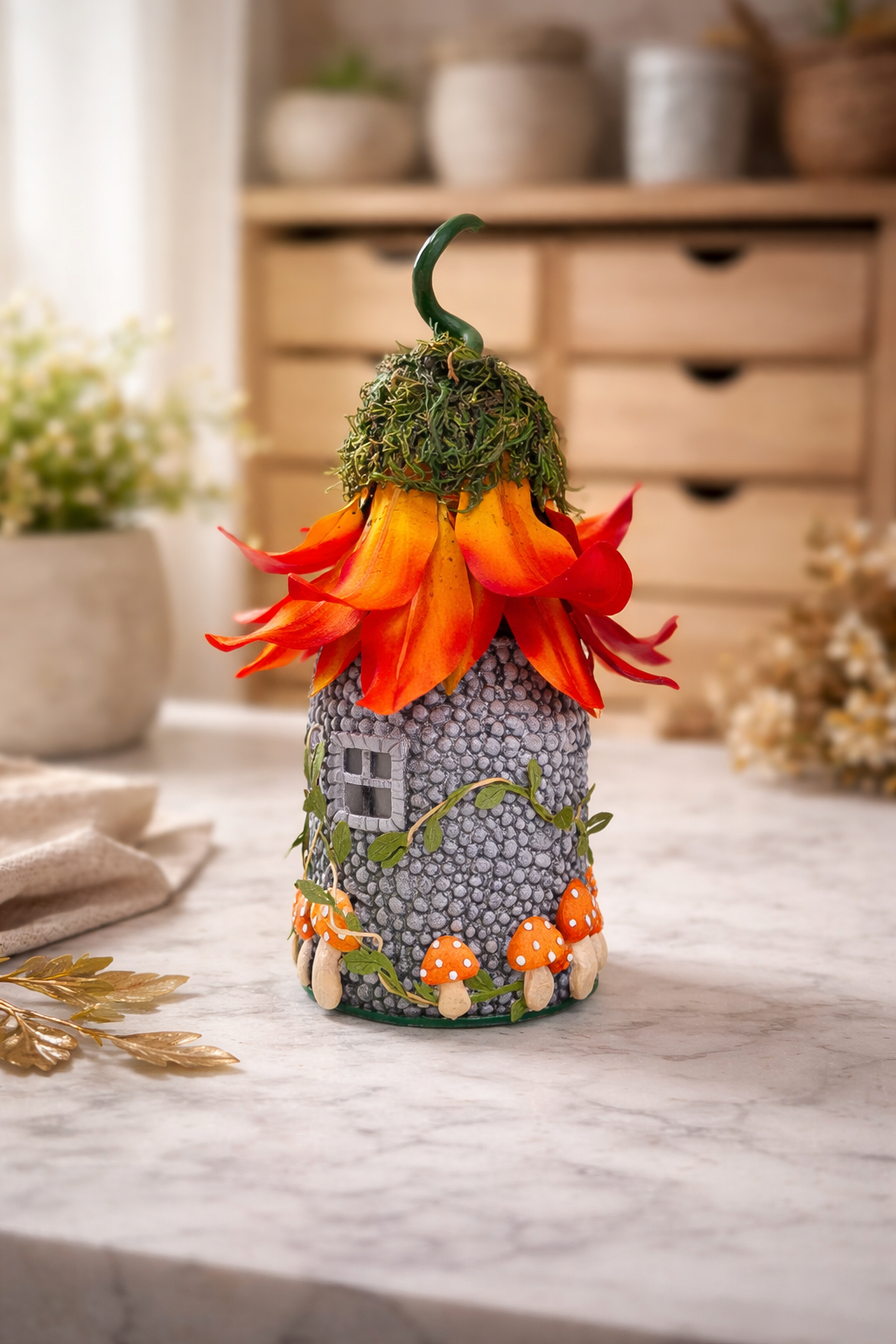 Fairy House - Orange Flower and Mushrooms - Upcycled Jar