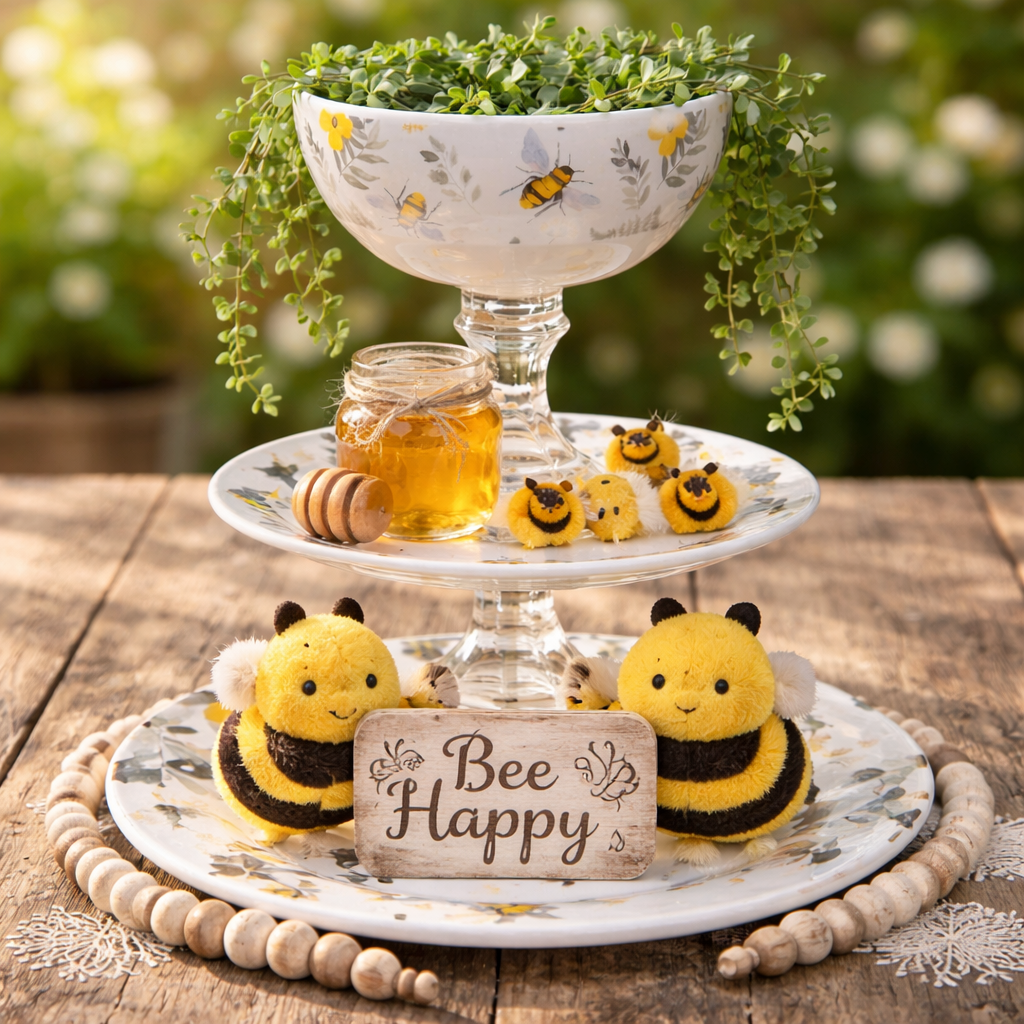 Handmade Bee-Themed 3-Tier Serving Tray - Glass & Ceramic Display Stand