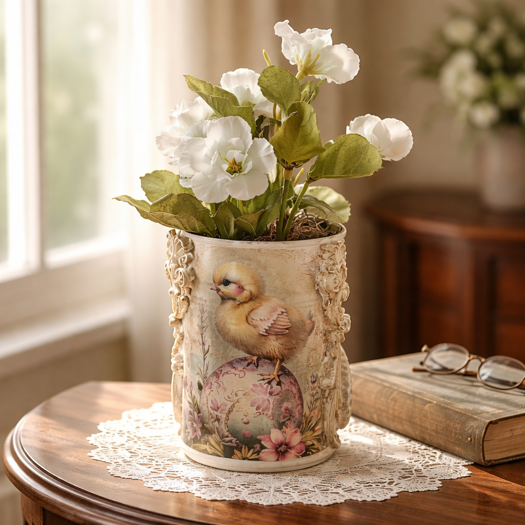 Easter Baby Chick Tin Can - Upcycled Decor with Eggs & Flowers