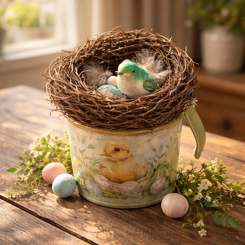 Mini Easter Tin Can - Baby Chick with Bird Nest & Green Ribbon