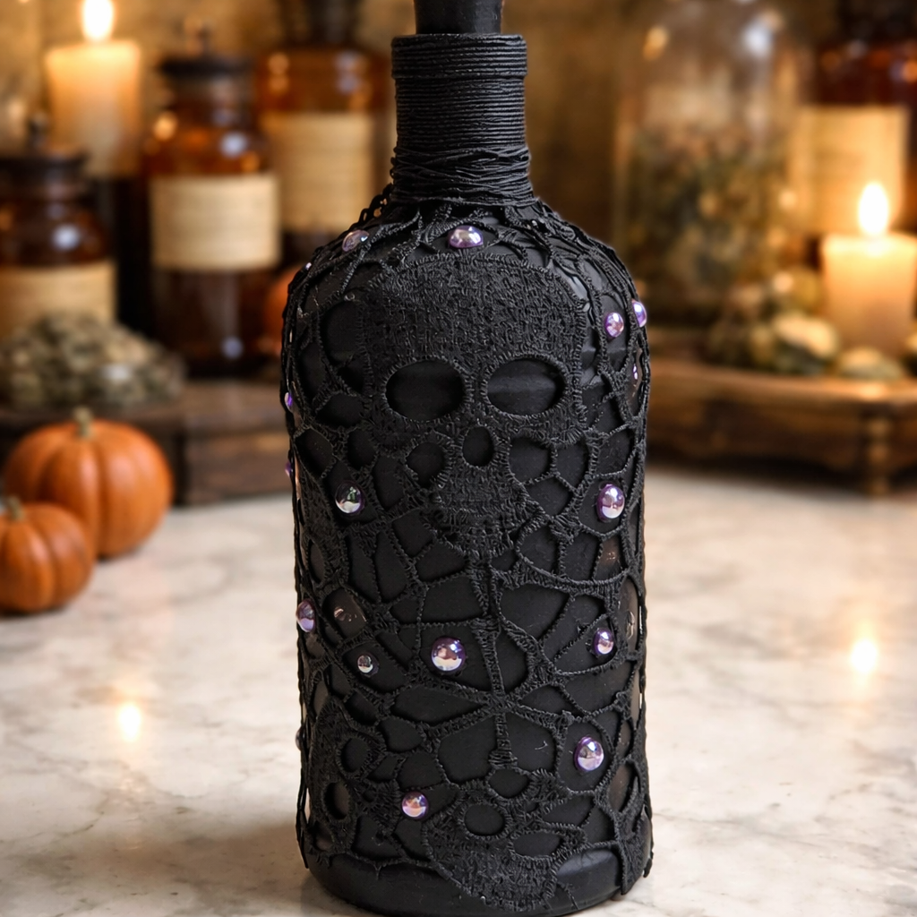 Gothic Skull Bottle - Handmade Upcycled Halloween Decor with Lace & Pearls