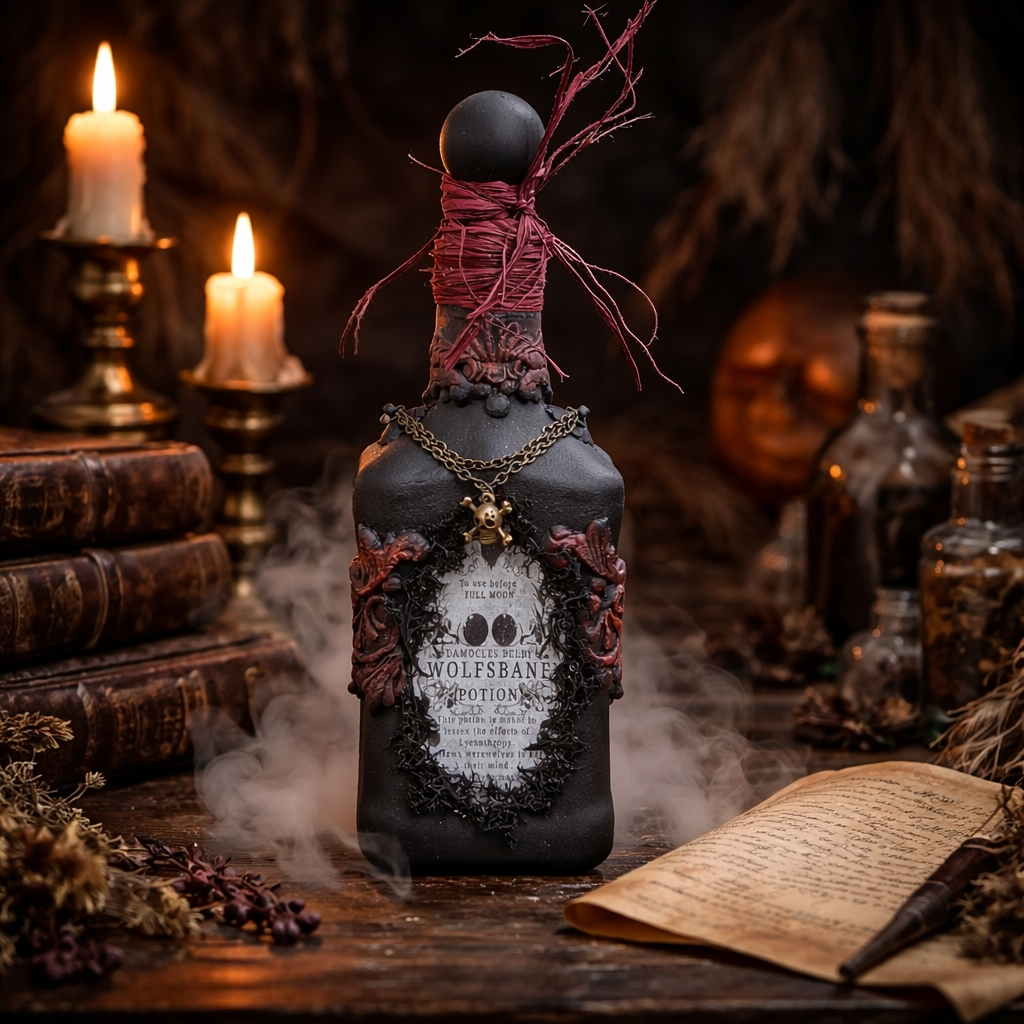 Wolfsbane Potion Bottle - Handmade Upcycled Glass Halloween Décor