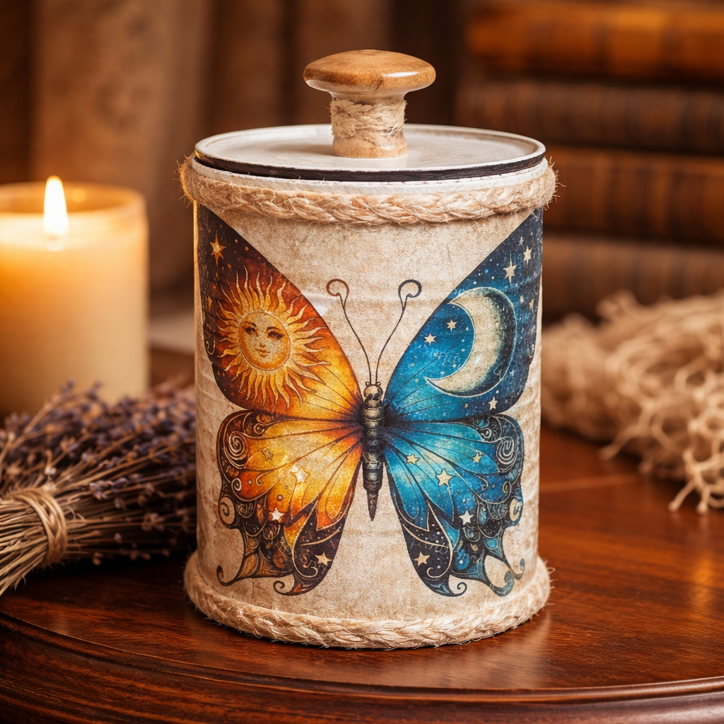 Handmade Gaming Dice Holder - Upcycled Felt-Lined Tin Container  Moon/Stars butterfly