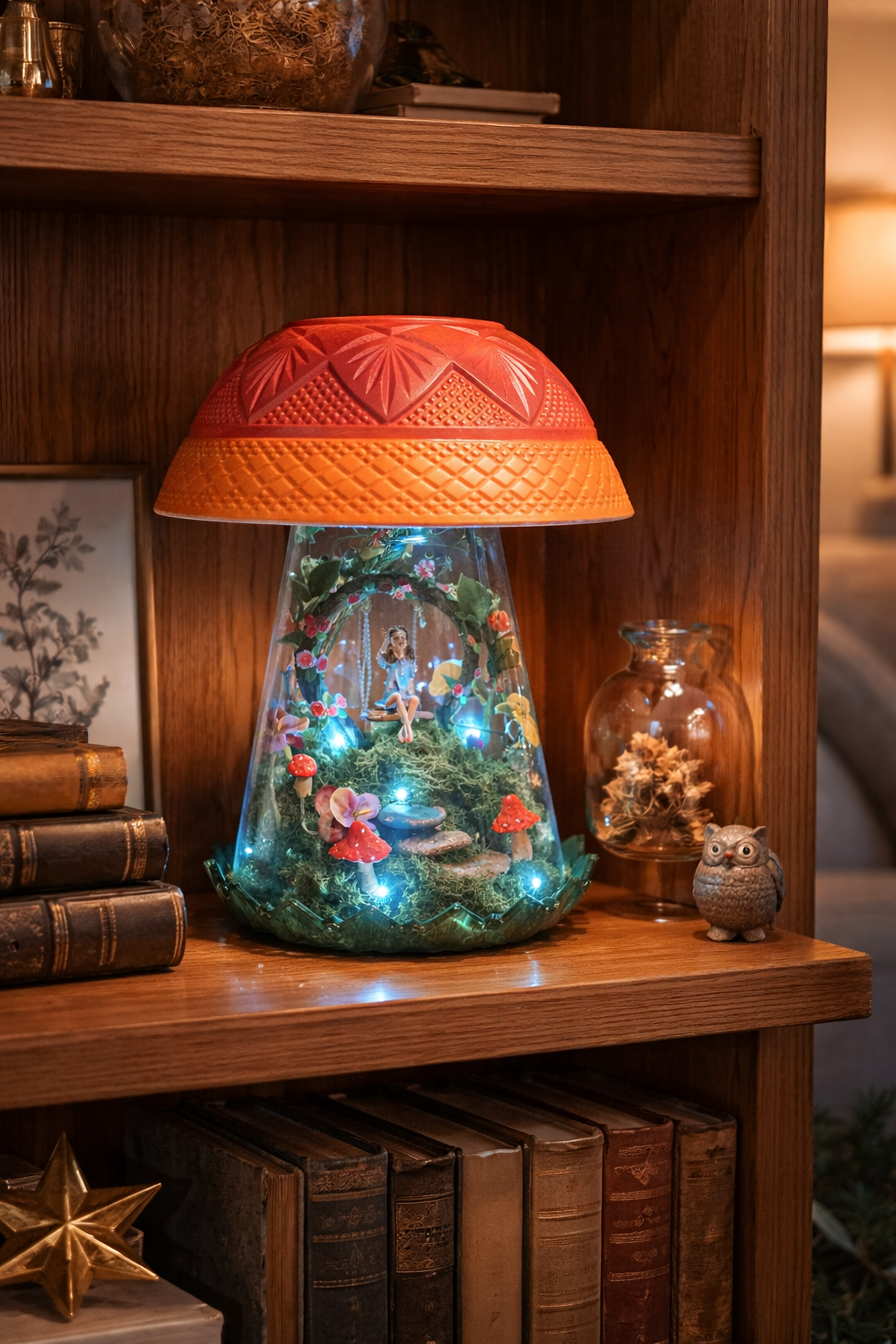 Mushroom Fairy Cloche with Lights - Enchanted Glass Dome Decor