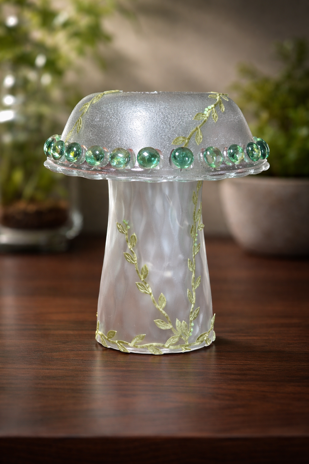 Upcycled Glass Mushroom Lamp with Fairy Lights - Green Vine Whimsy