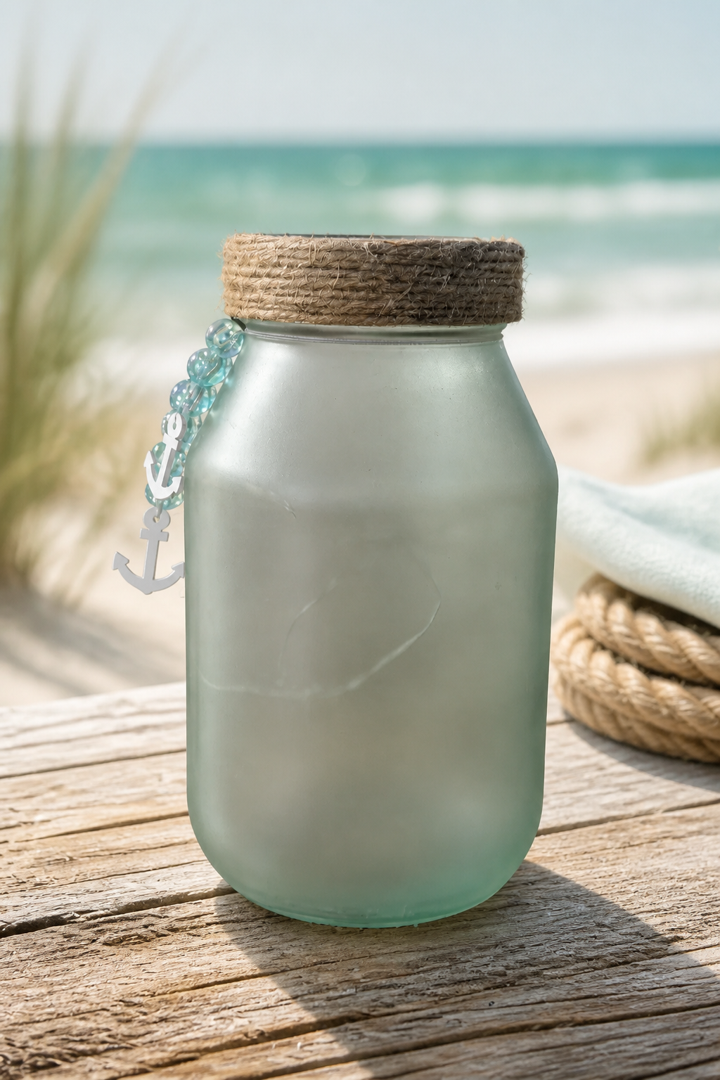Upcycled Lighted Sea Glass Jar – "Family Is the Anchor" Quote | Cottagecore Home Decor