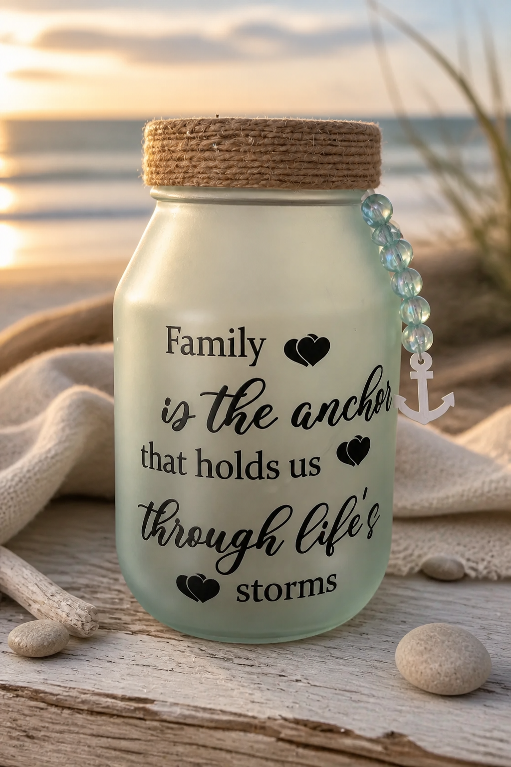 Upcycled Lighted Sea Glass Jar – "Family Is the Anchor" Quote | Cottagecore Home Decor